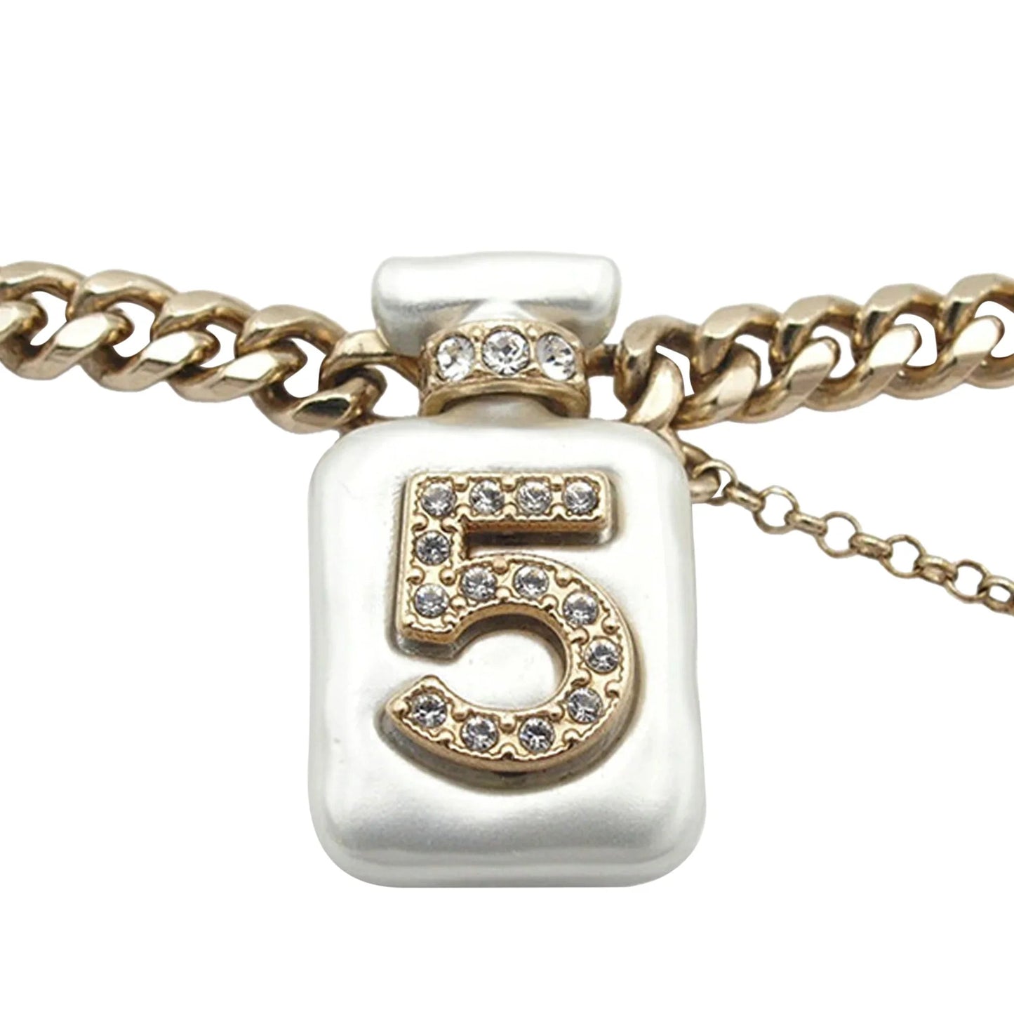 Gold Chanel Gold Plated CC Resin and Rhinestones No. 5 Perfume Bottle Pendant Necklace
