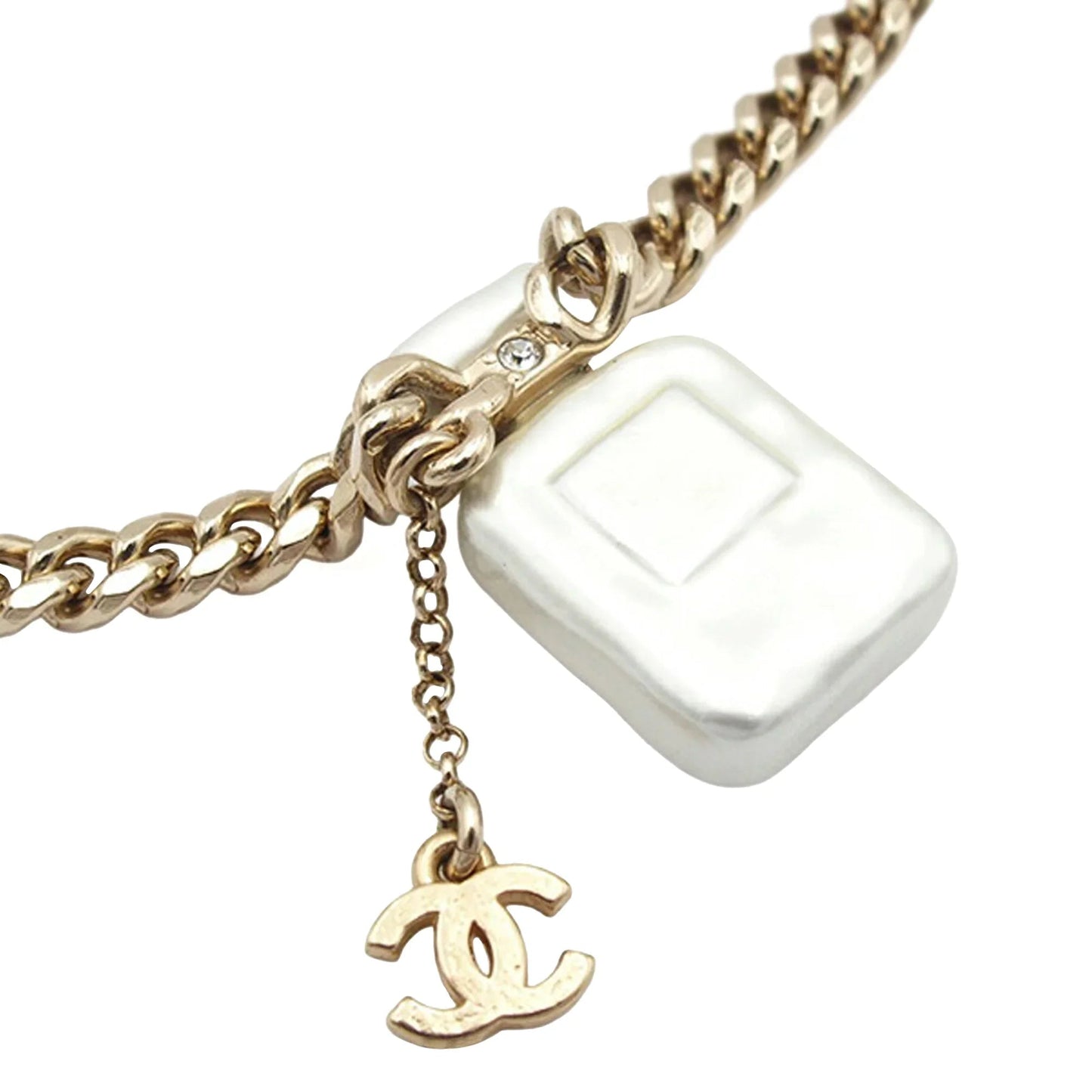 Gold Chanel Gold Plated CC Resin and Rhinestones No. 5 Perfume Bottle Pendant Necklace