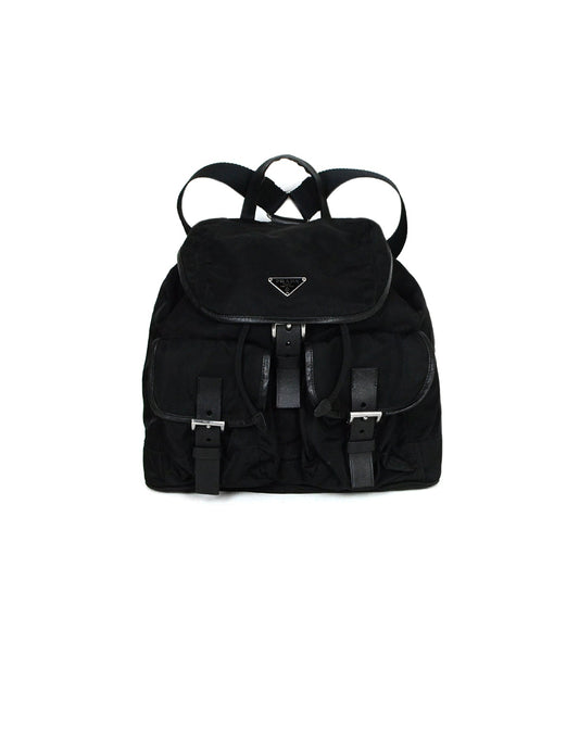 Prada Black Nylon & Leather Trim Double Pocket Backpack Bag