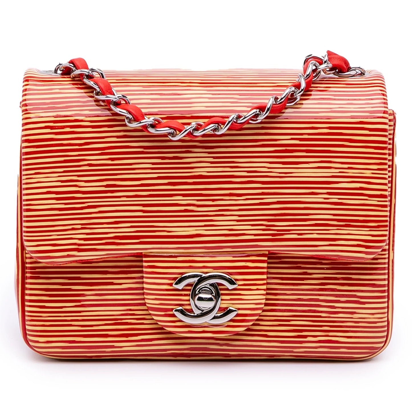 Orange Chanel Mini Square Classic Patent Striped Single Flap Crossbody Bag