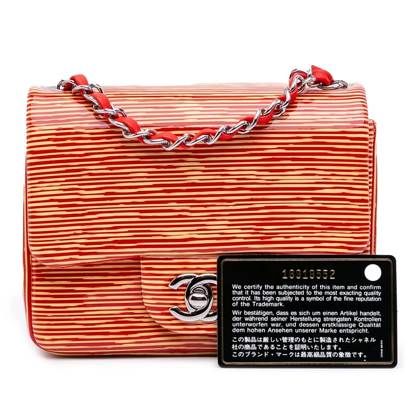 Orange Chanel Mini Square Classic Patent Striped Single Flap Crossbody Bag