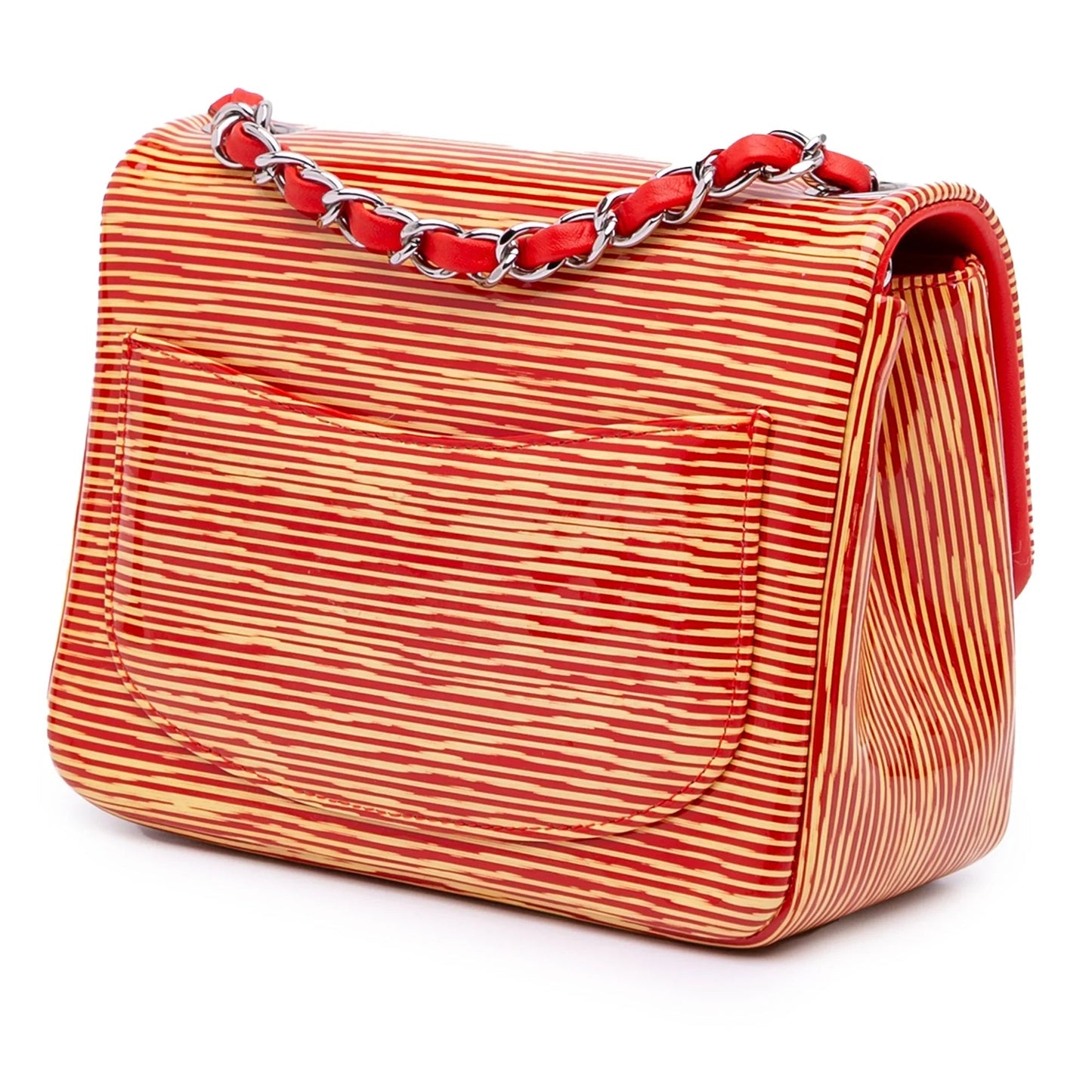 Orange Chanel Mini Square Classic Patent Striped Single Flap Crossbody Bag