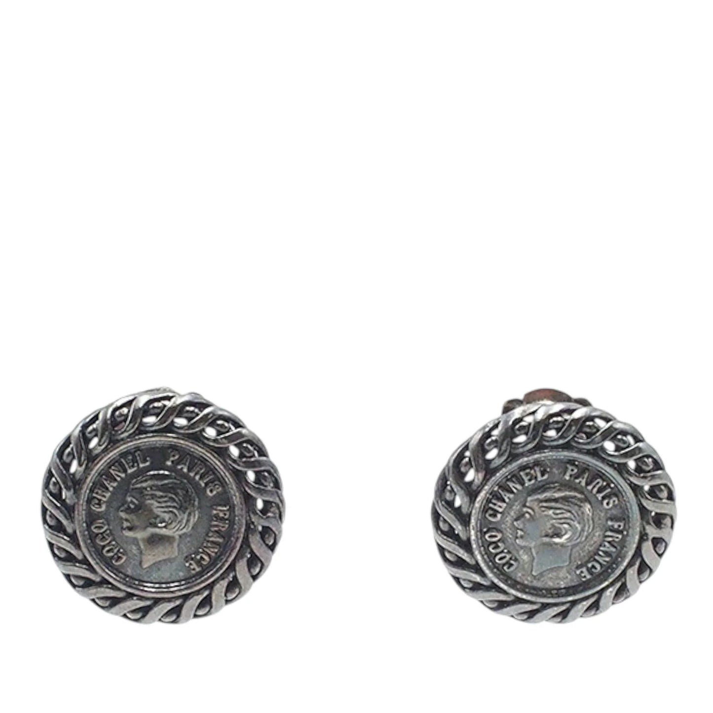 Black Chanel Gunmetal Plated Medallion Clip on Earrings