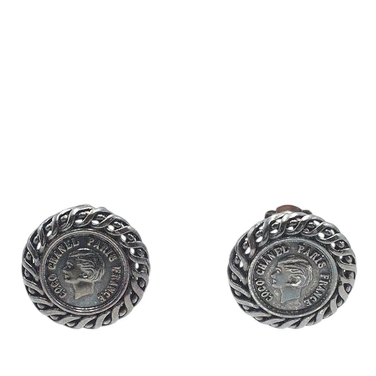 Black Chanel Gunmetal Plated Medallion Clip on Earrings
