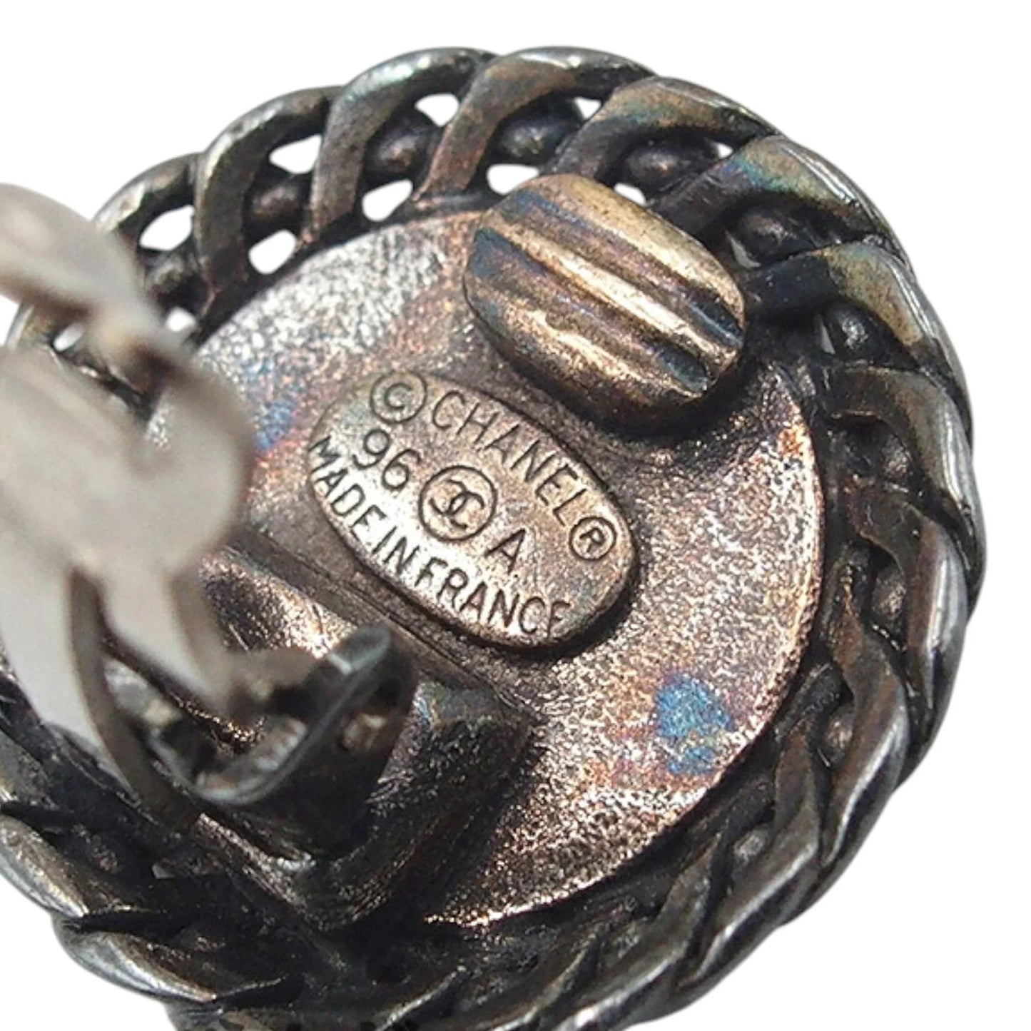 Black Chanel Gunmetal Plated Medallion Clip on Earrings