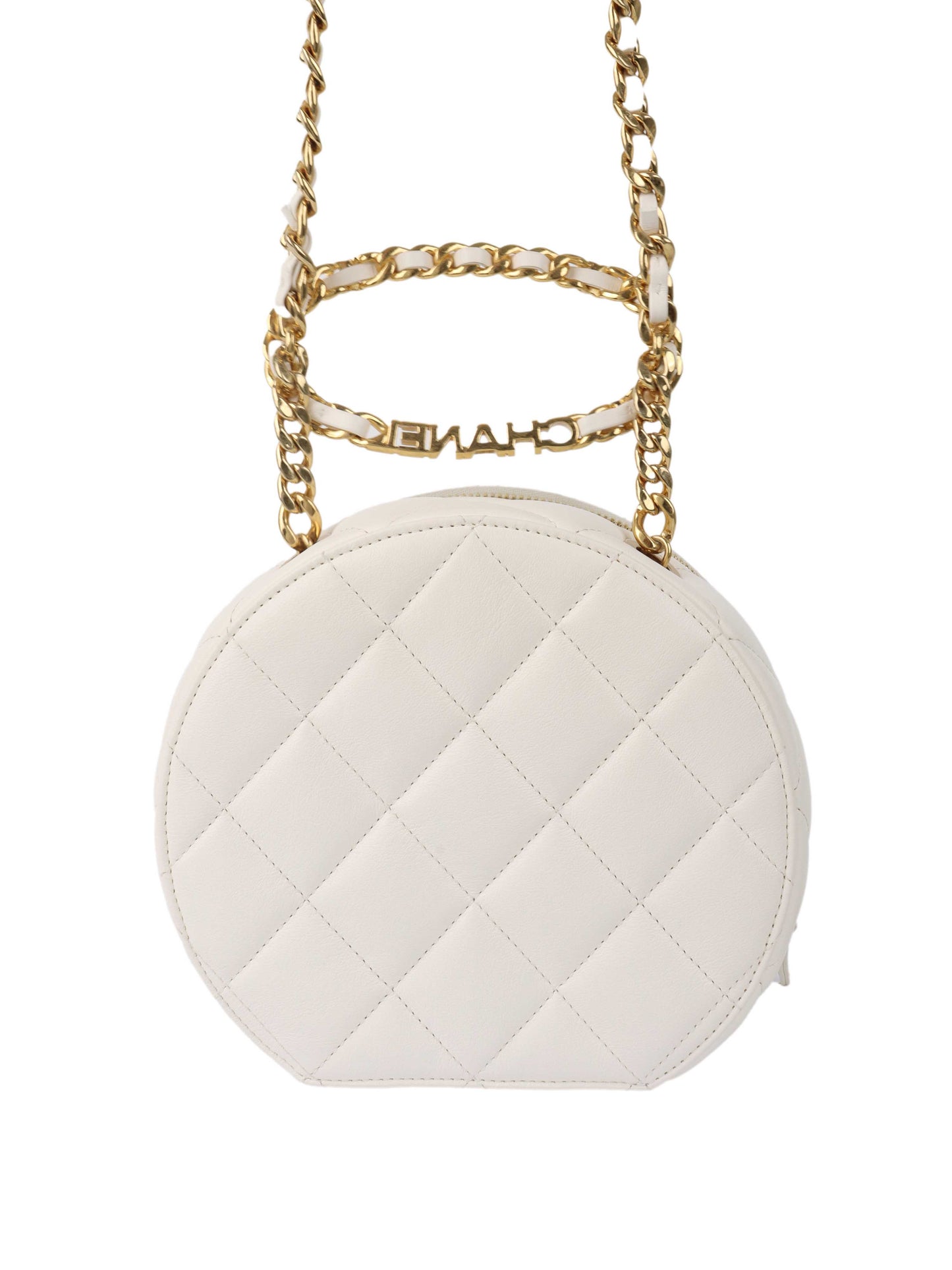 Chanel White Round Vanity with Chain Ring Handle.