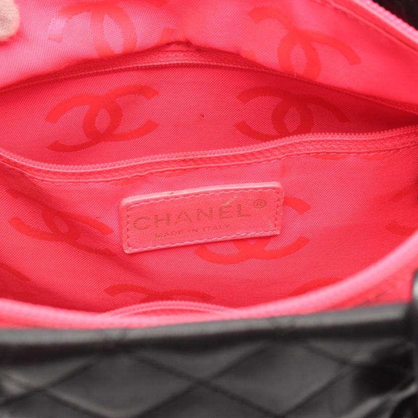 Chanel Cambon Line Medium Handbag Tote Bag Leather Black White Silver Hardware