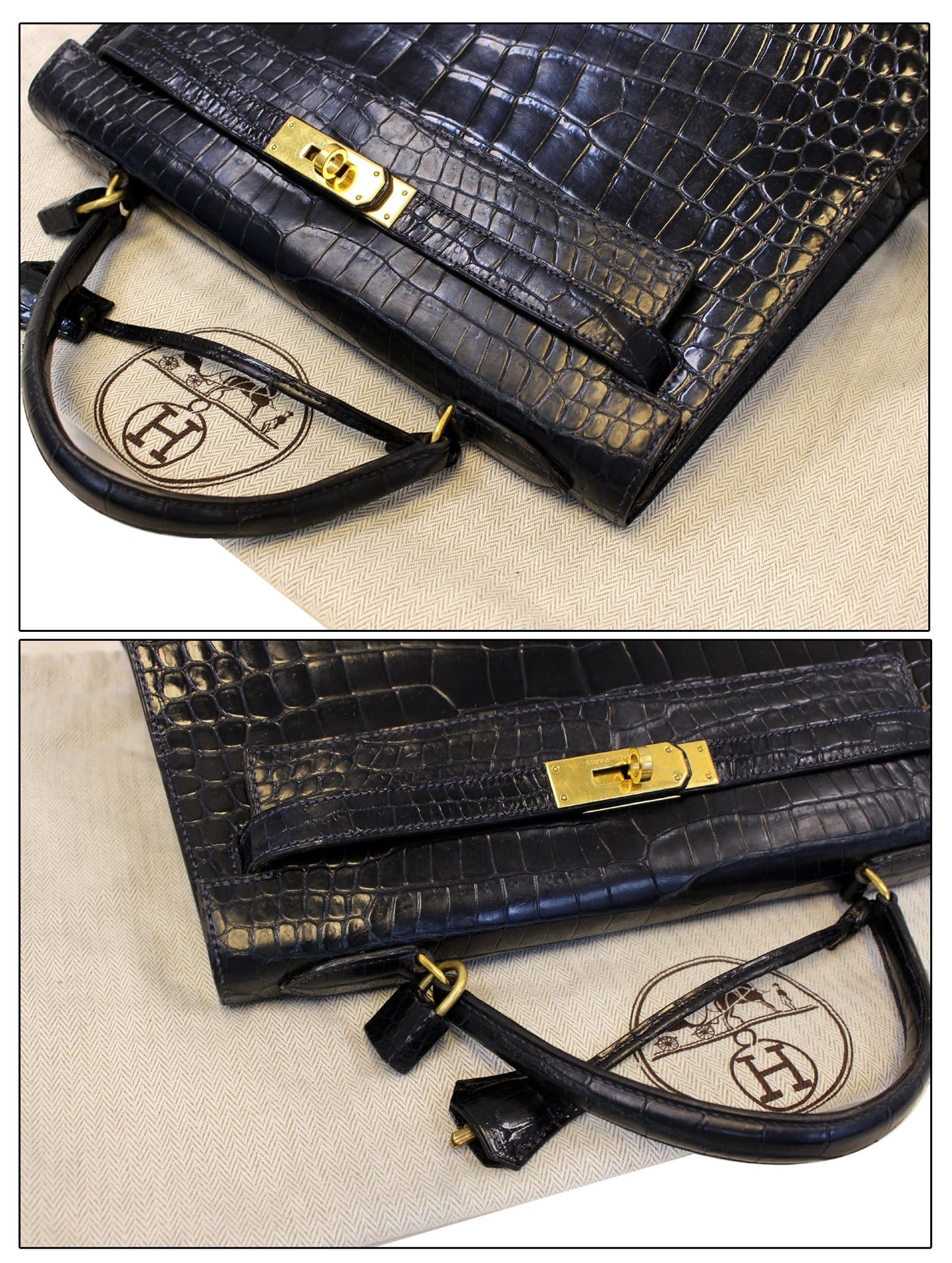 HERMES Kelly Alligator 32 cm Black with Gold Hardware  Bag