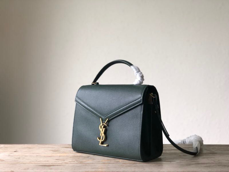 YSSL Cassandra Medium Top Handle Bag In Grain De Poudre Embossed Dark Green For Women 9in/25cm 