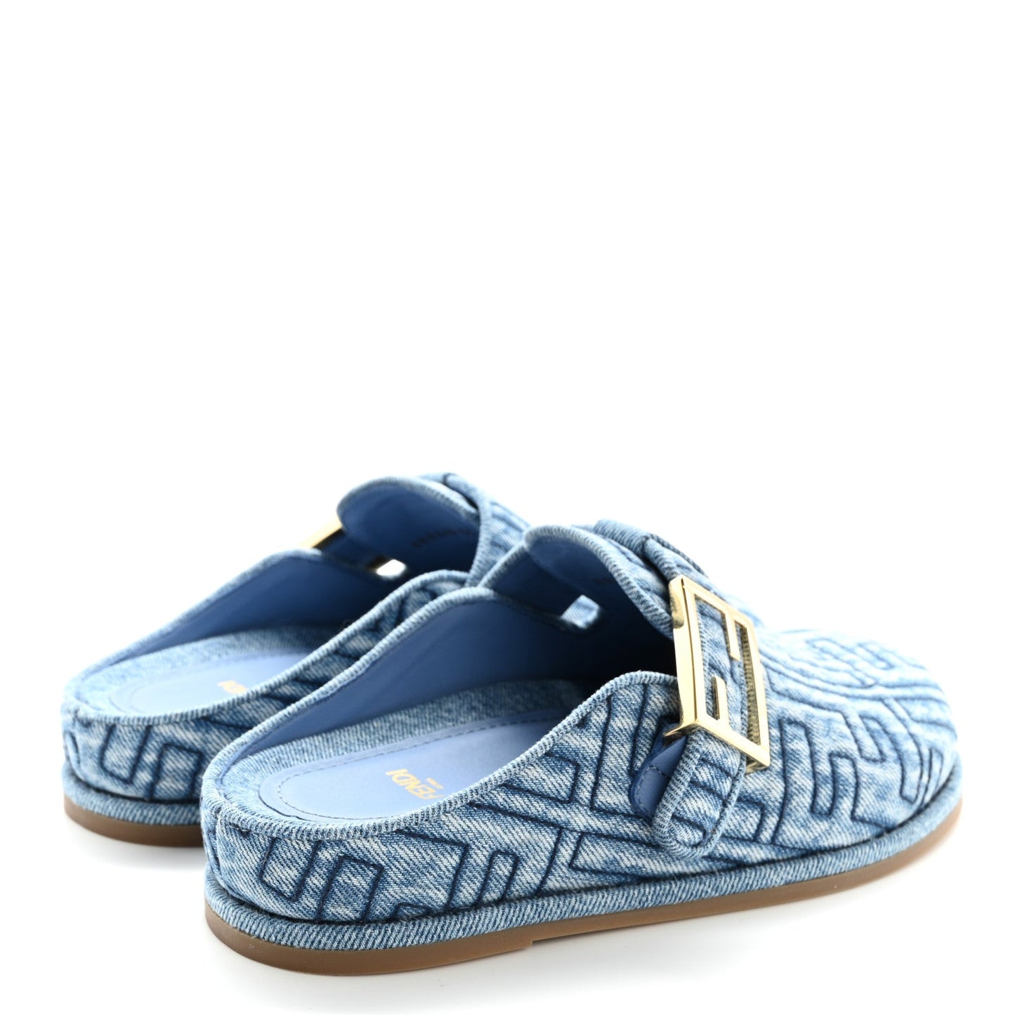 Fendi Denim Jacquard FF Womens Feel Buckled Mules 35 Blue