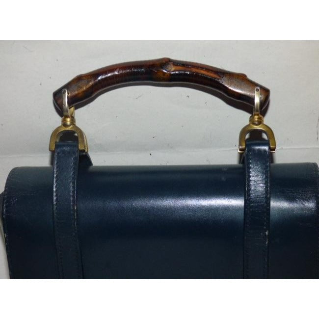 Gucci   Navy Blue Leather And Bamboo Handle Satchel