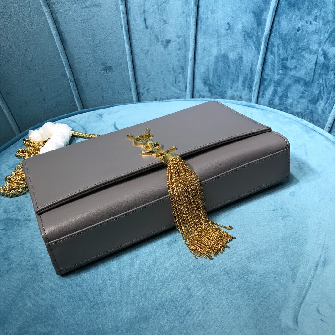 YSSL Kate Medium Chain Bag With Tassel In Grain De Poudre Grey For Women 9in/24cm YSL