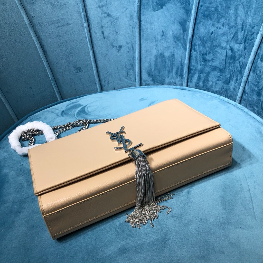 YSSL Kate Medium Chain Bag With Tassel In Grain De Poudre Beige For Women 9in/24cm YSL 