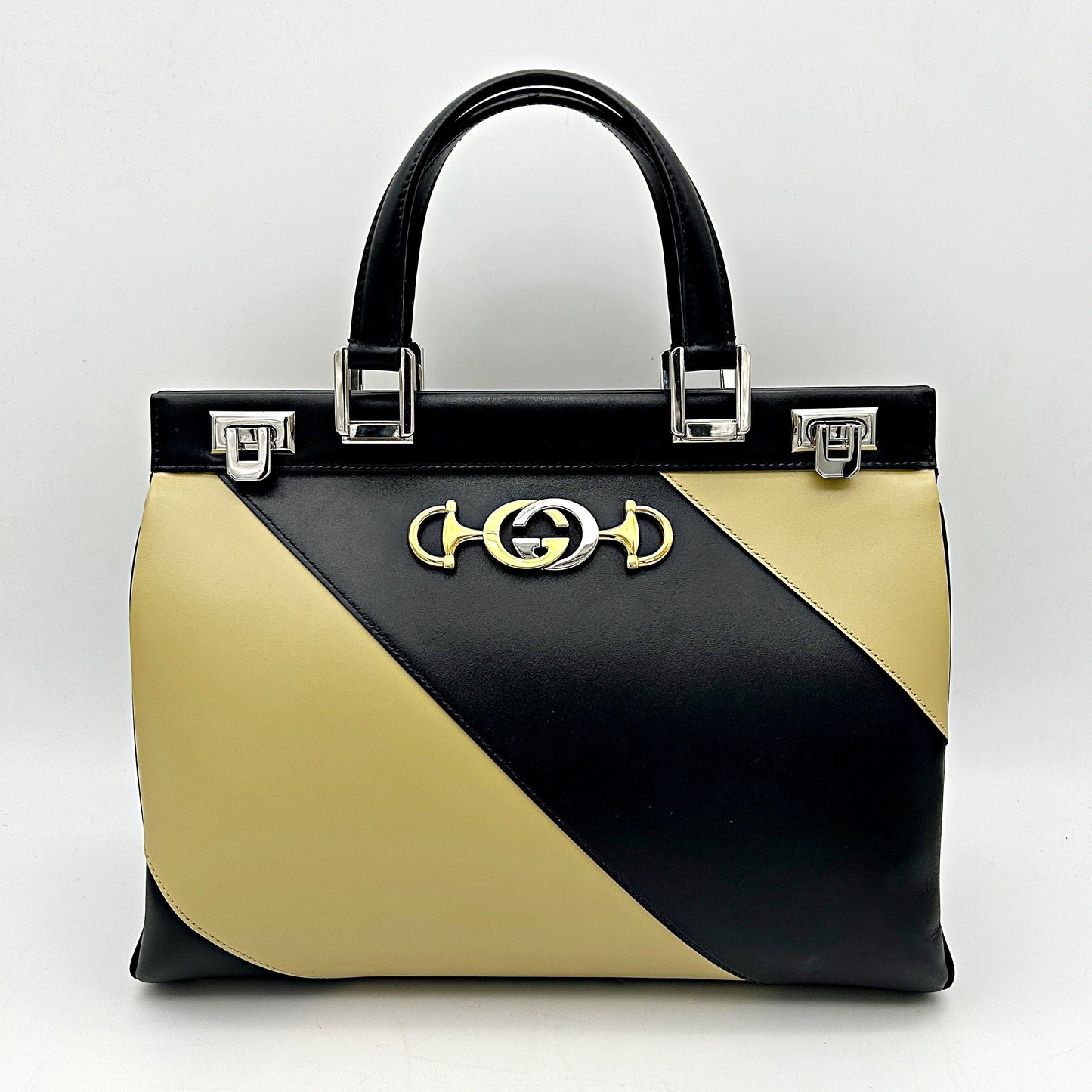 GUCCI Smooth Calfskin Diagonal Striped Small Zumi Top Handle Bag Black Beige LA