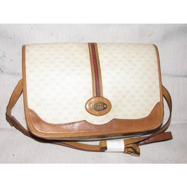 Gucci   Beige With Camel Small G Logo And Red Green Stripe Leather Coated Canvas