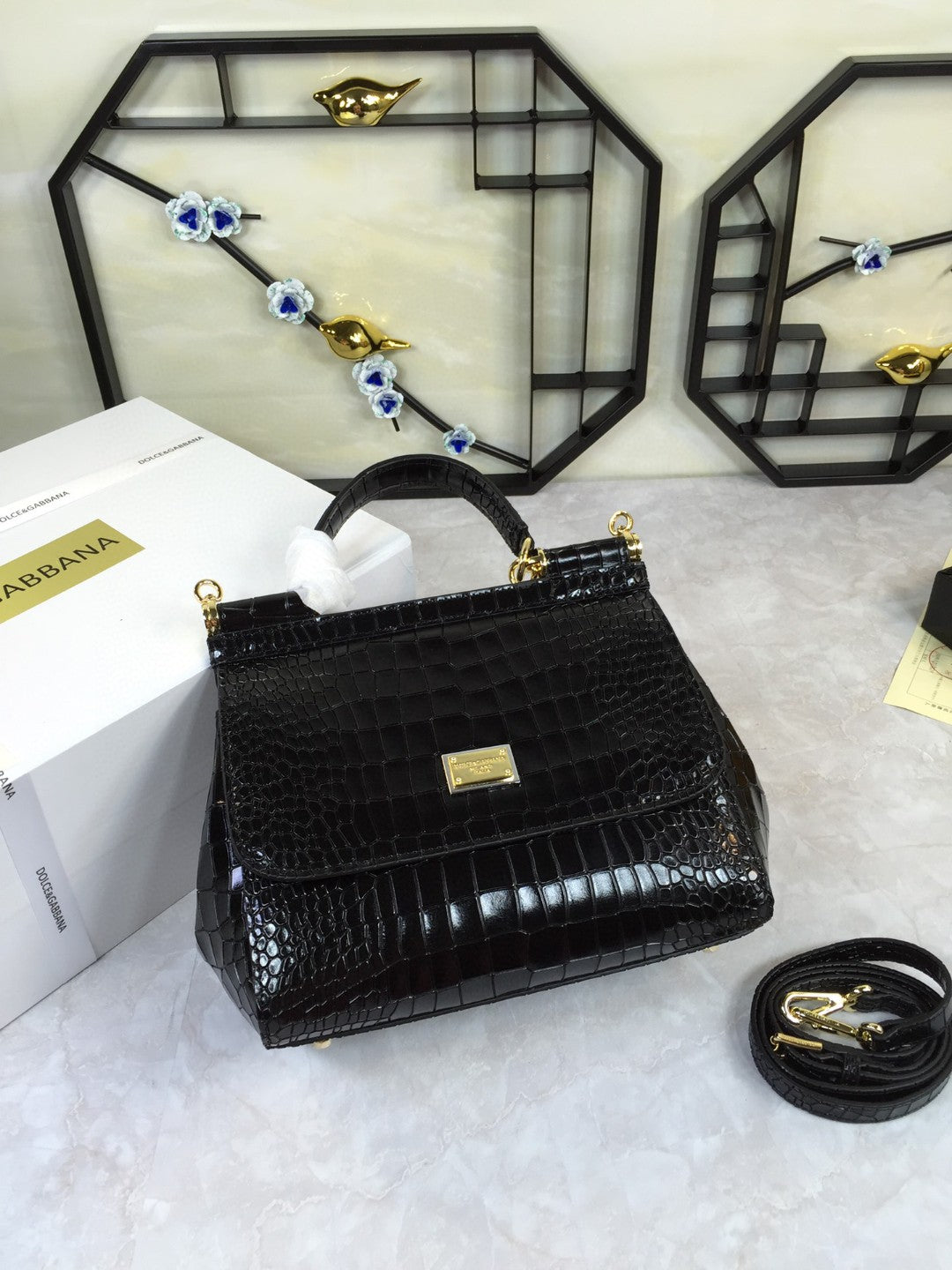 Top Quality MeTop Qualityum Sicily Bag In Foiled CrocoTop Qualityle-Print Black For Women 10.2in/26cm Top Quality