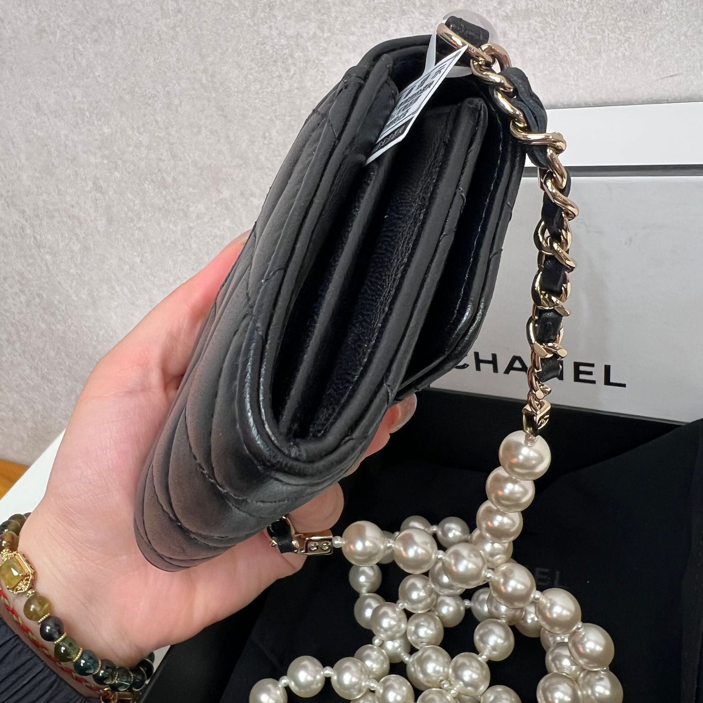 CHANEL Lambskin Quilted Pearl Card Holder With Chain Black 3355