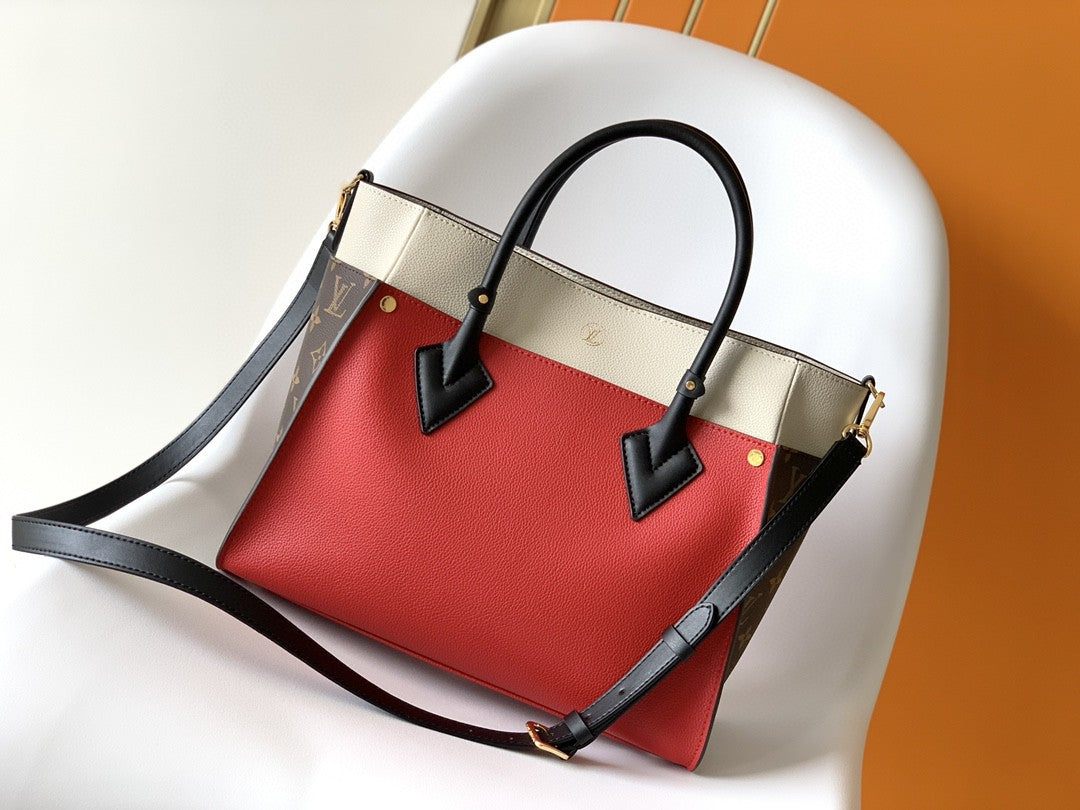 Top Quality On My Side MM Tote Bag Monogram Canvas Red For Women,  Shoulder Bags 12in/31cm Top Quality M53824