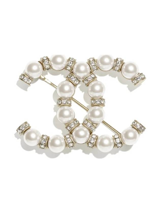 CC Logo Pearl Crystal Brooch Gold Chanel