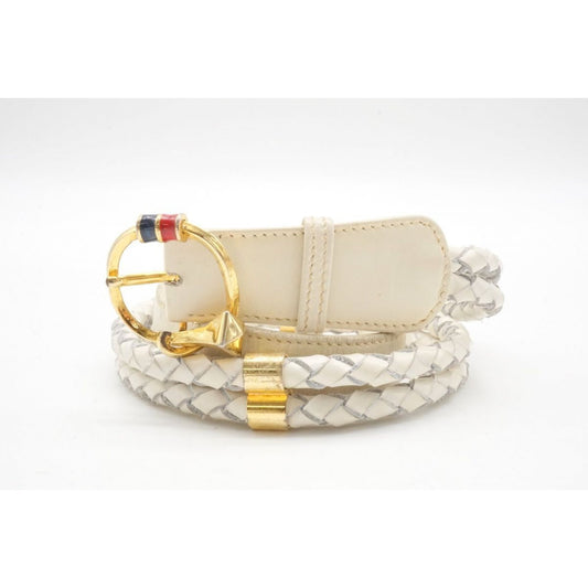 , Gucci, size 80/32, white leather belt with a round, gold buckle with red and blue enamel & two braided leather strands