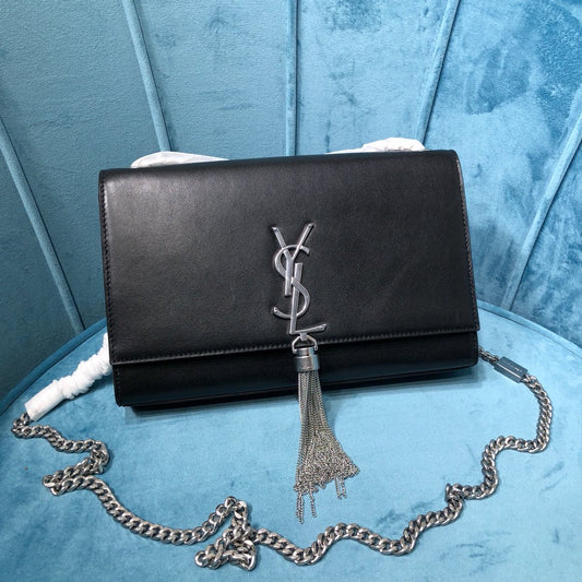 YSSL Kate Medium Chain Bag With Tassel In Grain De Poudre Black For Women 9in/24cm YSL 354119BOW0N1000