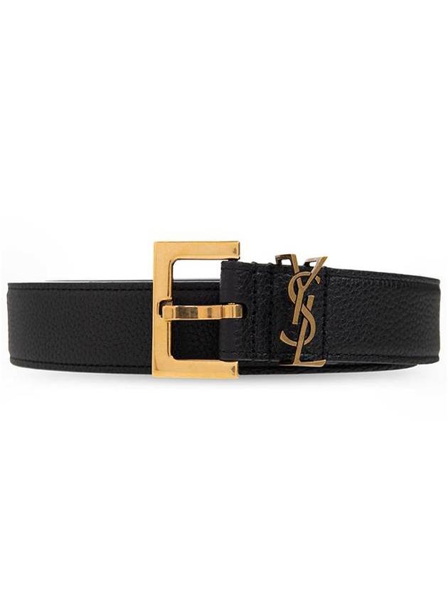 Luxury Saint Laurent Trending 2025 Cassandre Belt with Square Buckle in Grained Leather Black