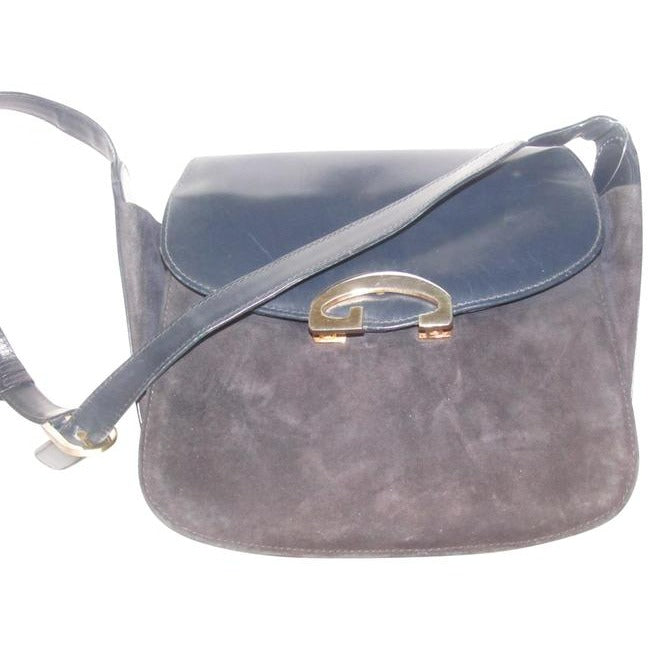 Gucci   Navy Leather And Grey Suede Shoulder Bag