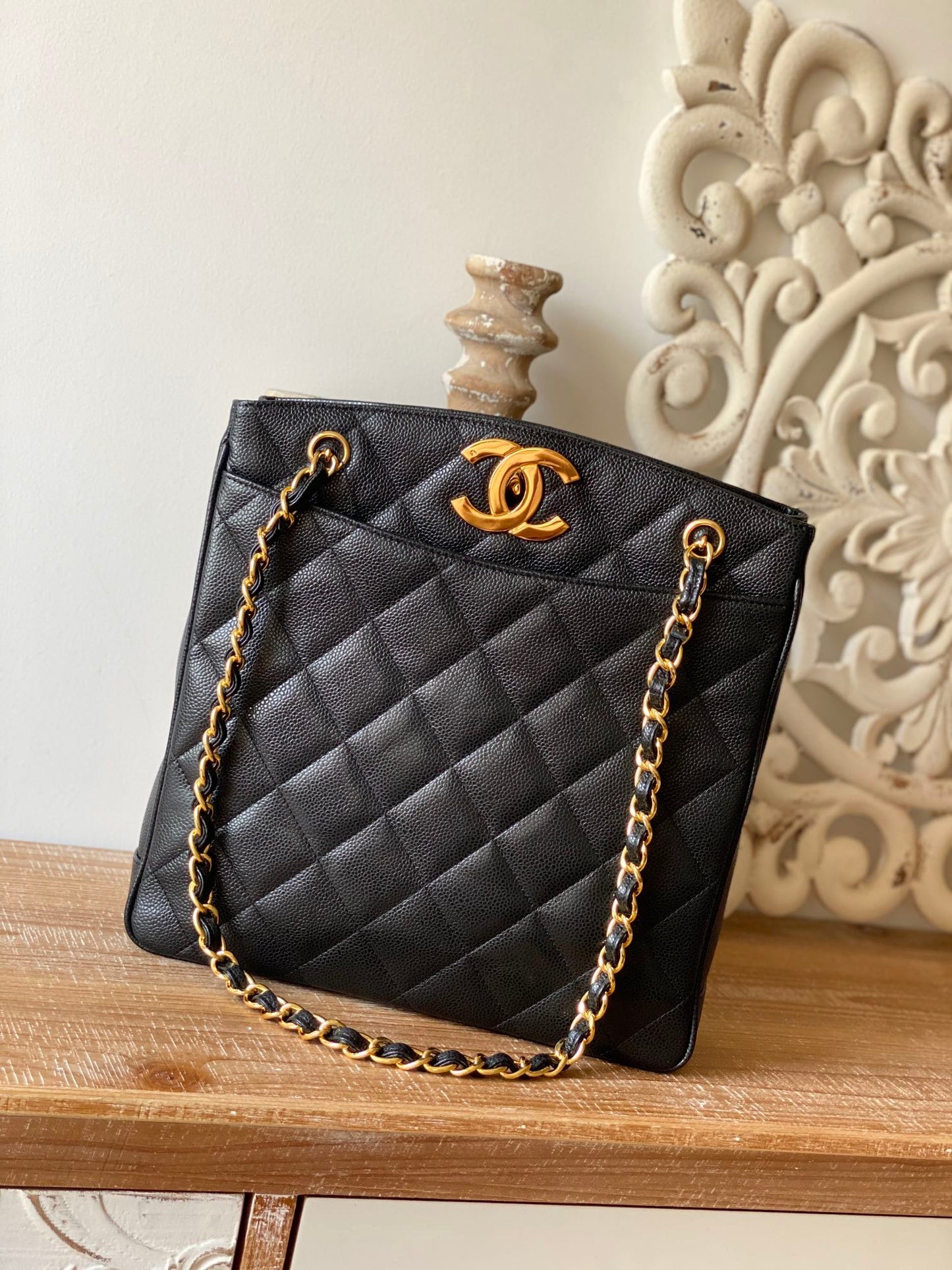 CHL Black Large Quilted Caviar Tote Bag For Women 28cm/11in