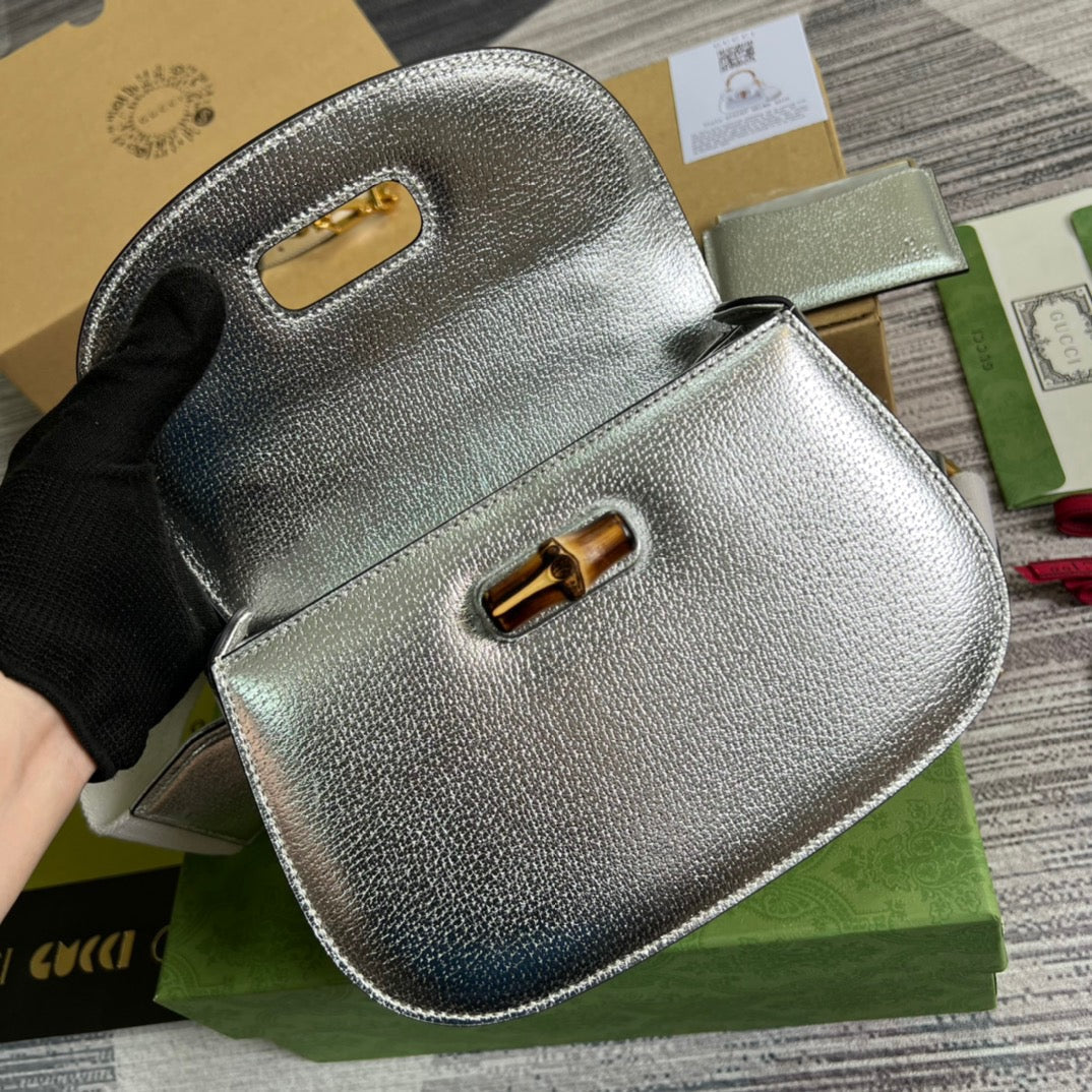 gg Bamboo 1947 Medium Top Handle Bag Silver For Women, Women’s Bags 10in/26cm gg