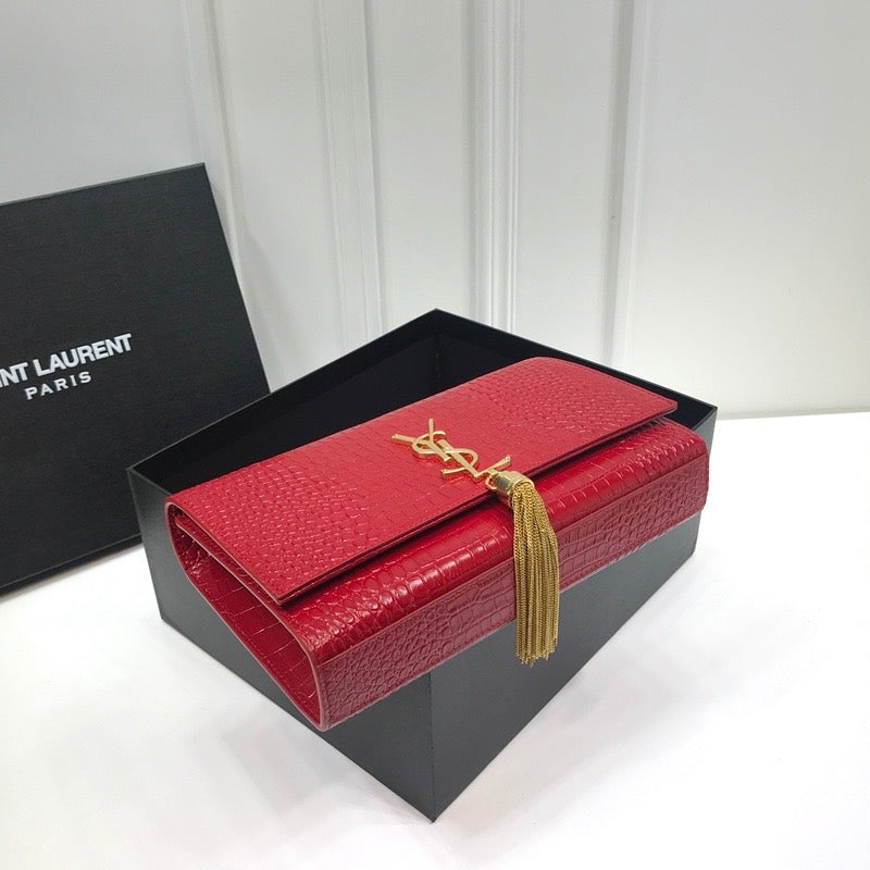 YSSL Kate Medium Chain Bag With Tassel In Embossed Crocodile Red For Women 9in/24cm YSL