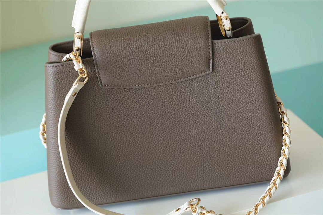 Top Quality Capucines MM Taurillon Smokey Brown Green/ Creme/ Pink For Women,  Shoulder And Crossbody Bags 31.5cm/12.4in Top Quality M59516