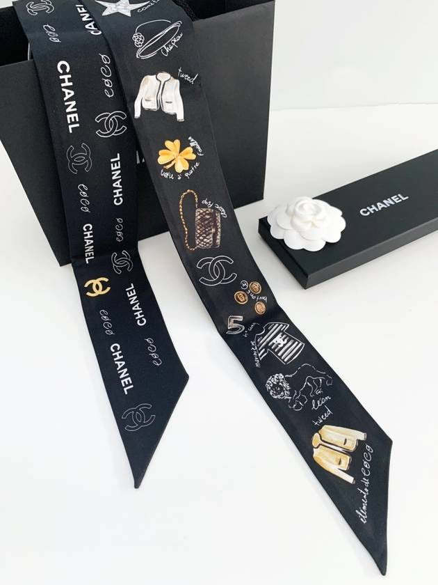 CC Logo Signature Printed Silk Twilly Bandeau Scarf Black Chanel