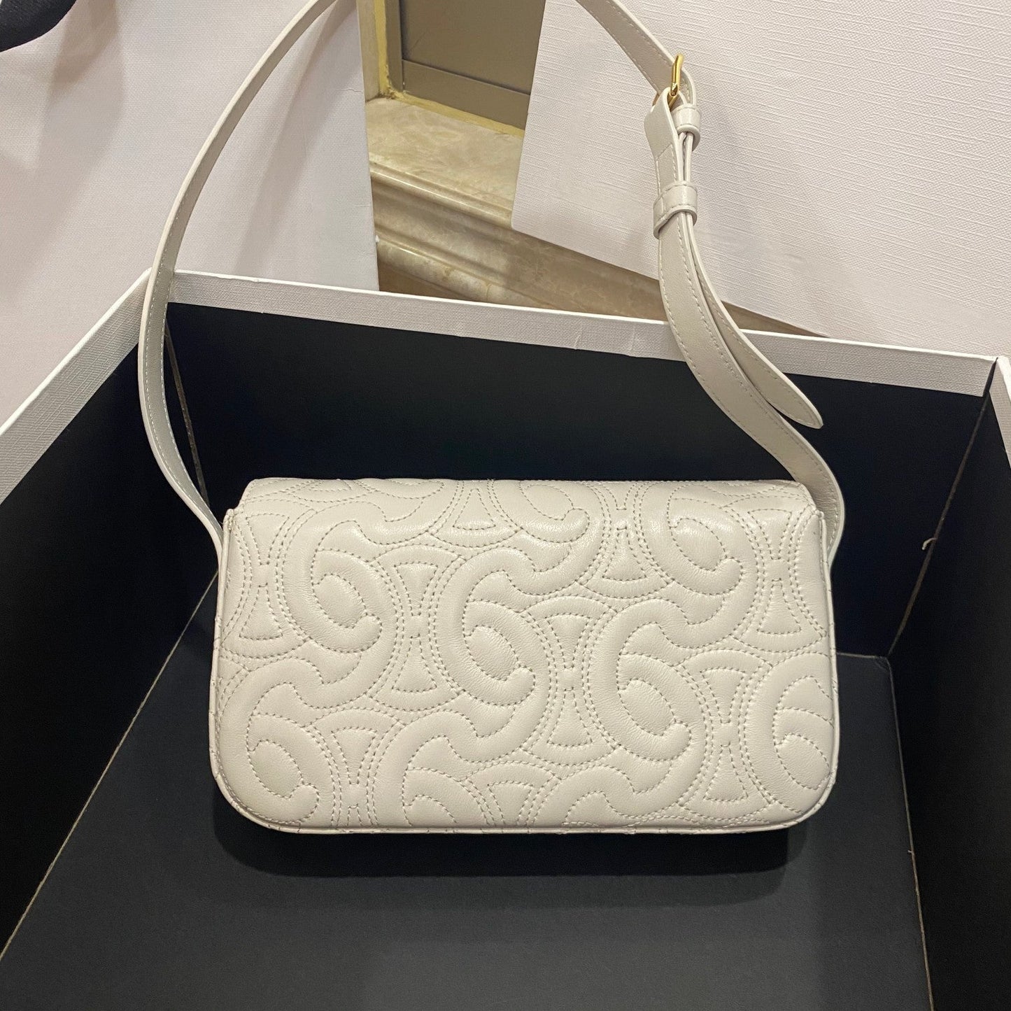 Top Quality Triomphe Shoulder Bag In Quilted Triomphe Lambskin White For Women 8in/20cm 194143EF4.01BC