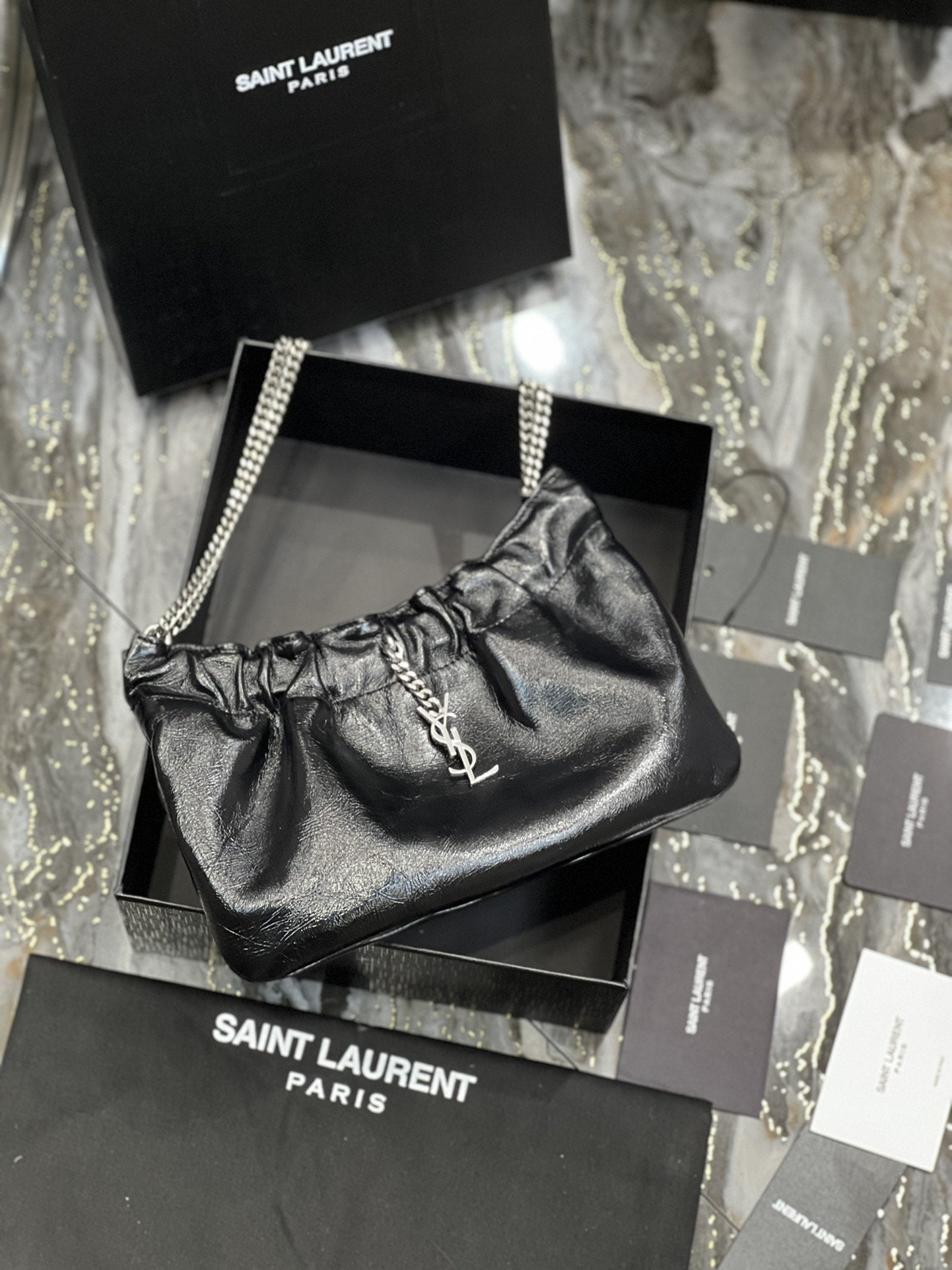 YSSL Hobo Mini Bag Black With Silver Hardware For Women 9in/24cm YSl