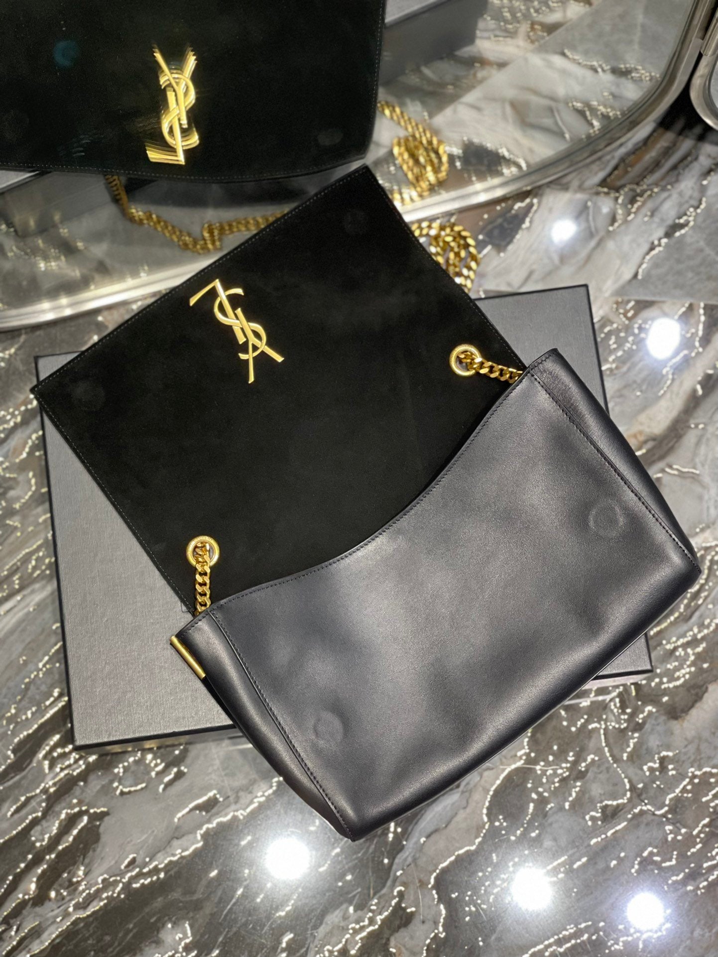 YSSL Kate Medium Reversible Chain Bag Black In Suede With Gold Hardware For Women 11in/29cm YSL