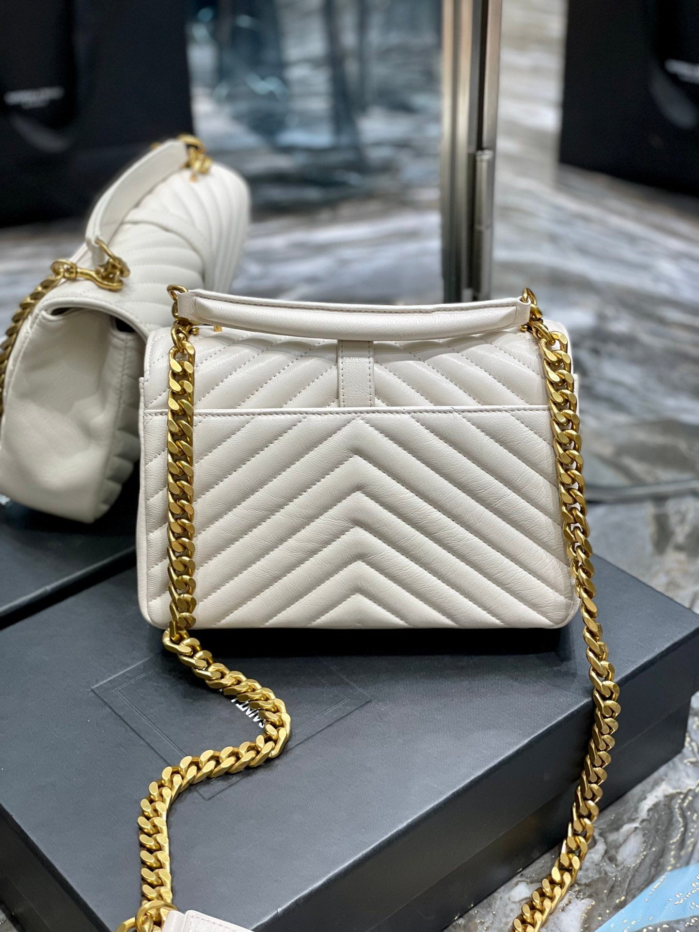 YSSL College Medium Chain Bag White Gold Toned Hardware For Women 9in/24cm YSL 600279BRM079207