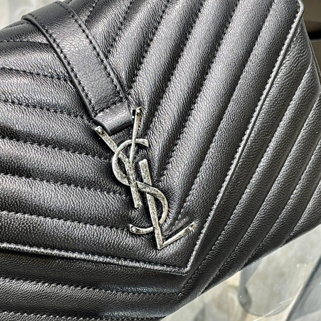 YSSL College Medium Chain Bag Black Silver Toned Hardware For Women 9in/24cm YSL 600279BRM041000