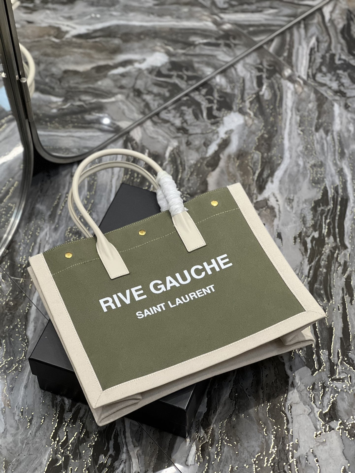 YSSL Rive Gauche Small Tote Bag In Linen Military Green For Women 15in/39cm YSL 617481FAADI3281