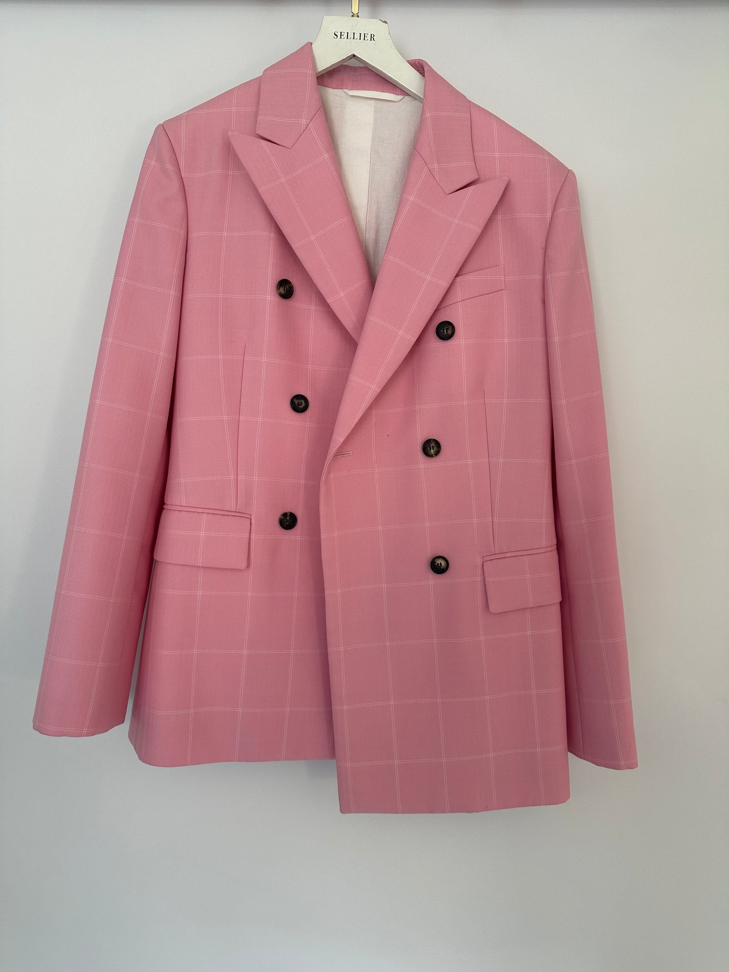 Calvin Klein Candy Pink Check Suit Jacket and Straight Let Tro rs Set Size FR 38 (UK 10)