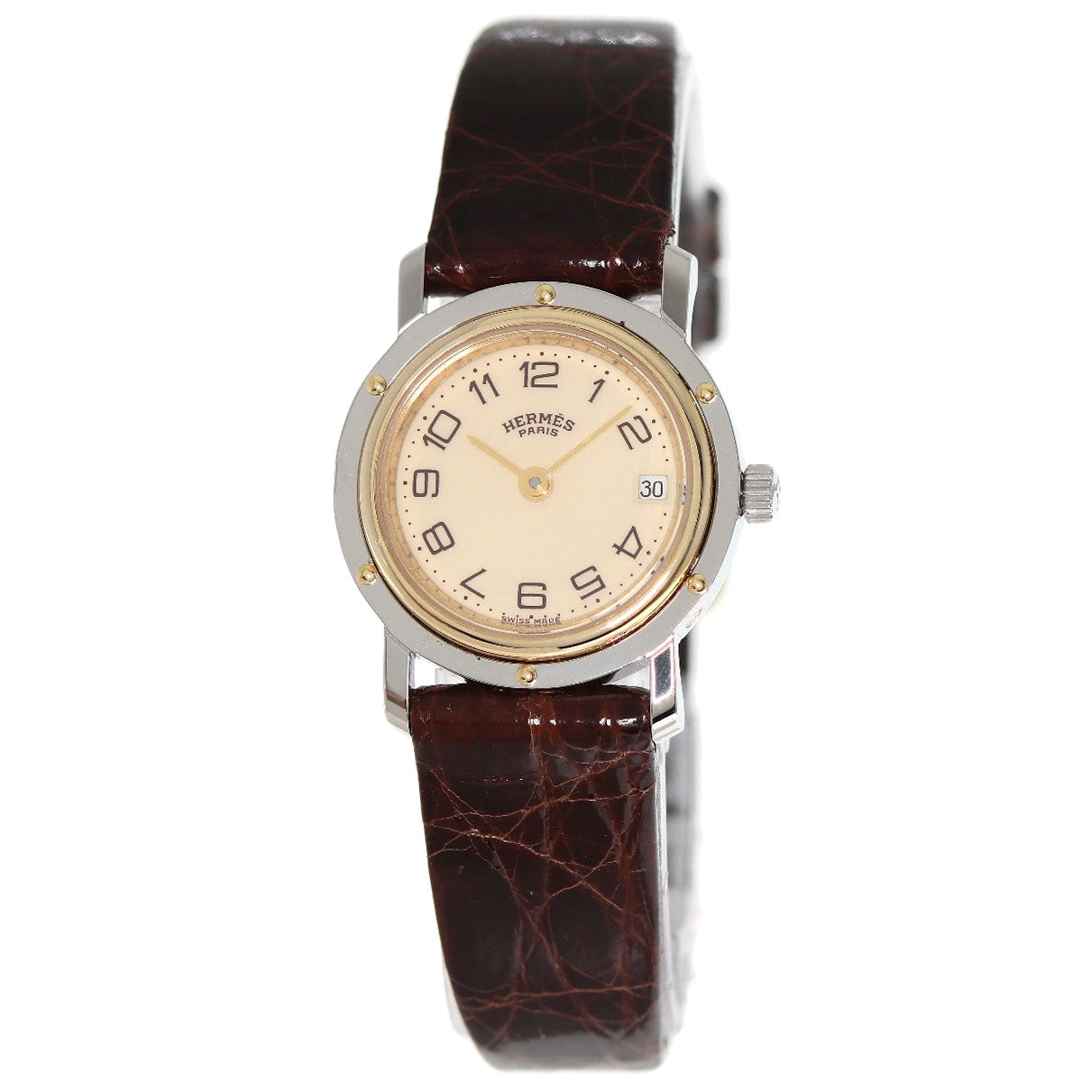 HERMES Watches Quartz Stainless Steel, Leather gold Clipper Ivory dial Women  d