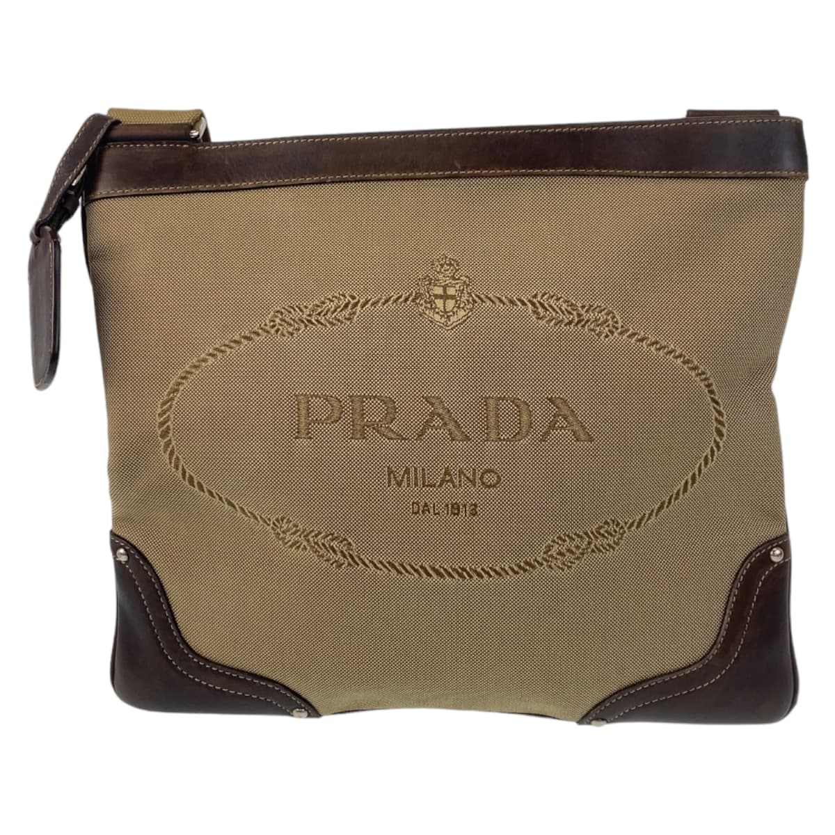 PRADA Shoulder Bag canvas Beige Brown SilverMetal Shoulder Bag Messenger bag Logo jacquard Women(Unisex)