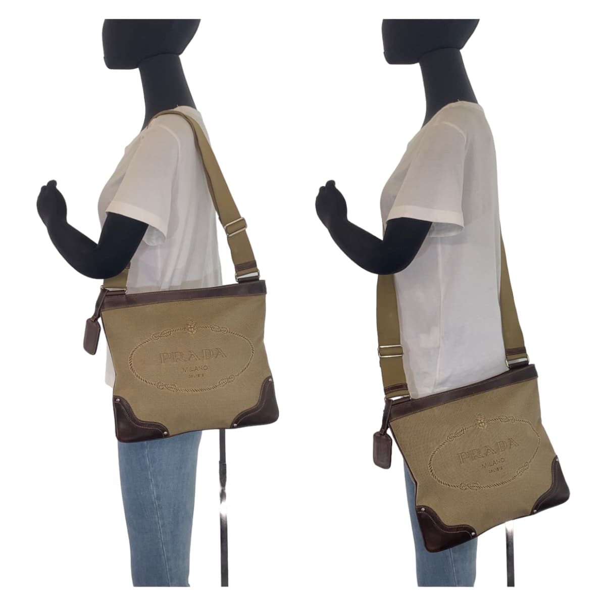 PRADA Shoulder Bag canvas Beige Brown SilverMetal Shoulder Bag Messenger bag Logo jacquard Women(Unisex)