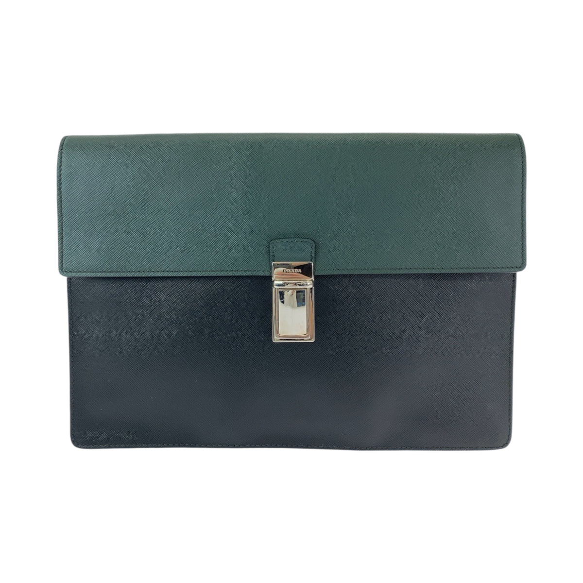 PRADA Clutch bag VR089M leather Bicolor Green Black Clutch bag Business bag Document case Safiano Triangle With logo mens