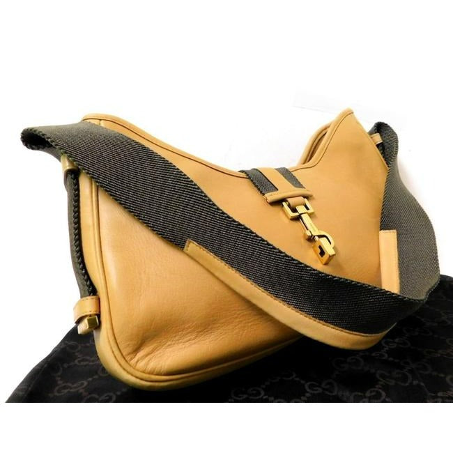 , Tom Ford era, Gucci Jackie orange-ish camel colored leather & brown canvas shoulder bag w stripe