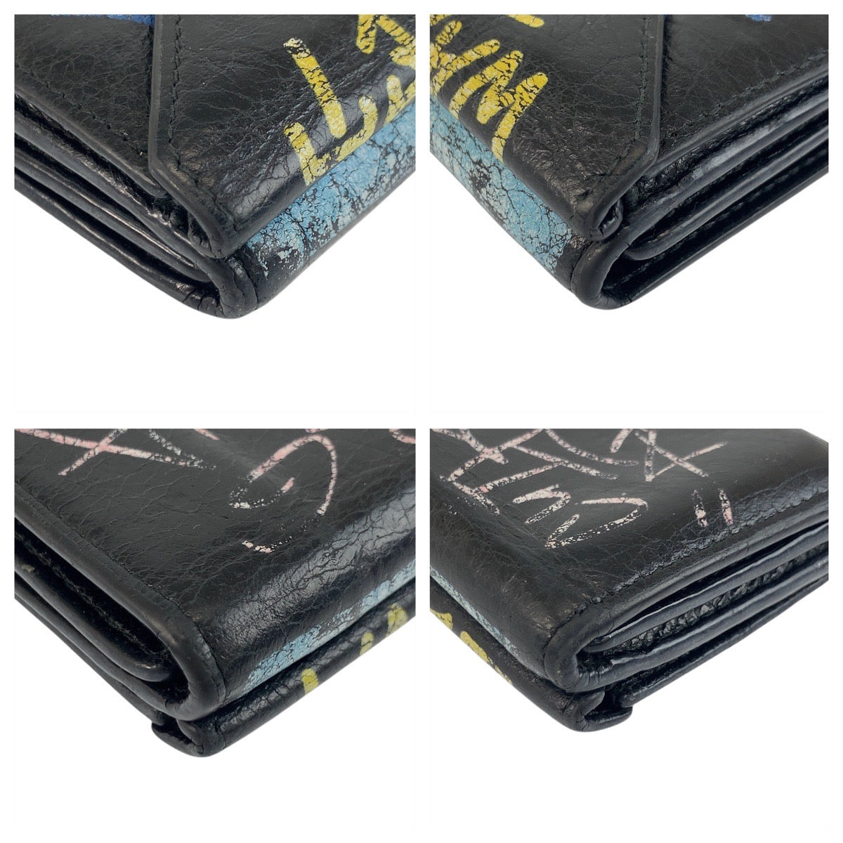 BALENCIAGA Tri-fold wallet 891445 1060 Y 532244 leather Black black Graffiti Paper mini