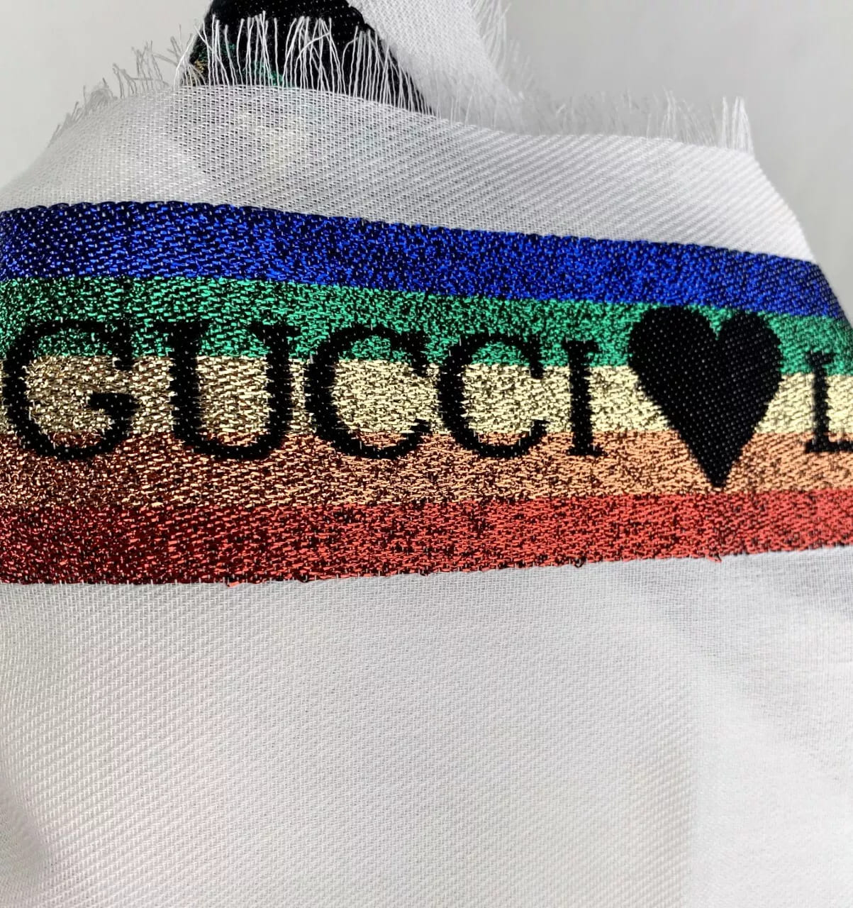 Gucci Loved Kids Ladies White Cotton Neck Scarf w/Rainbow Stripe