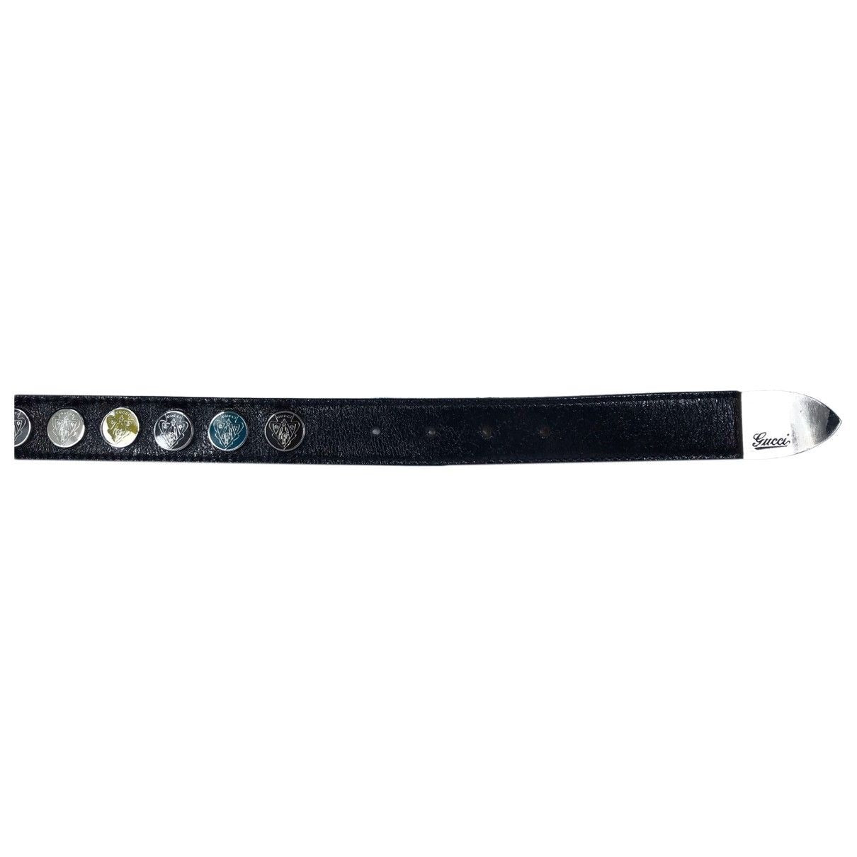 RARE, Gucci, black leather belt with a round, chrome, buckle, yellow, black, white & teal enamel & chrome engraved w the Gucci crest