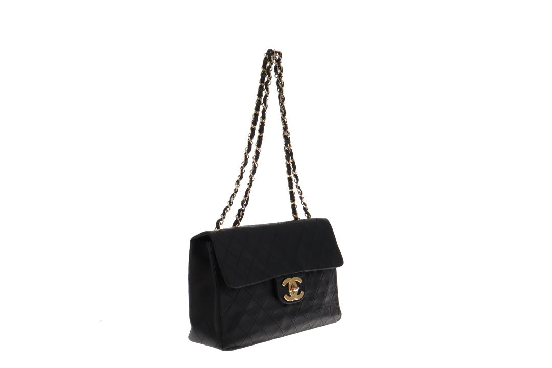 Chanel Black Lambskin   Maxi Single Flap 24 Carat Gold CC