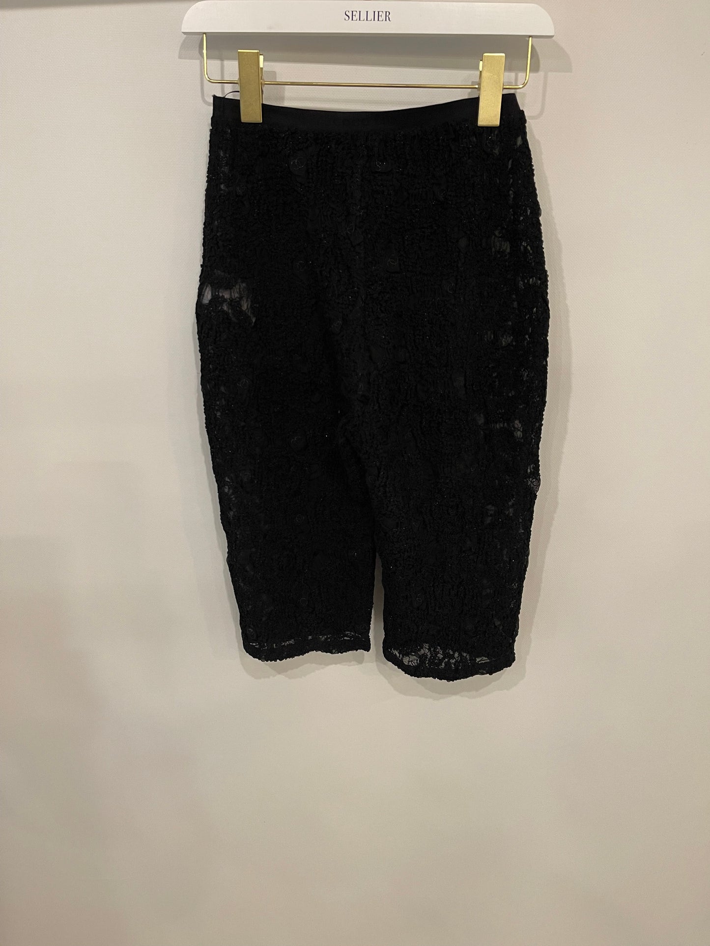 Chanel Black Lace Tulle Top and Cyclist Shorts Set with Camelia Details and Crystal CC Logos Size FR 34 (UK 6)
