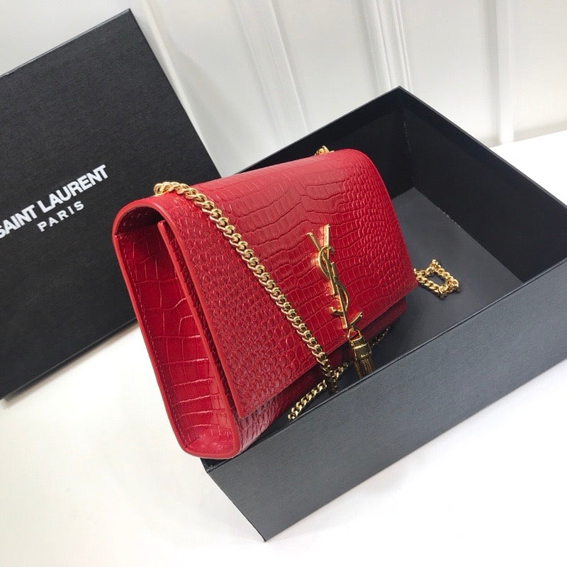 YSSL Kate Medium Chain Bag With Tassel In Embossed Crocodile Red For Women 9in/24cm YSL